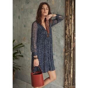 SEZANE Joe Dress Mini Dotty Flowers Sz Small Navy Blue White Long Sleeve Floral